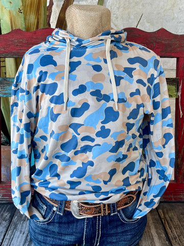 Men's Burlebo Performance Hoodie in Camo, made from moisture-wicking recycled fabric for all-day comfort, with built-in UPF sun protection and thumbholes for added coverage - PHRPC. Available at Blair's Western Wear, Marble Falls, TX.