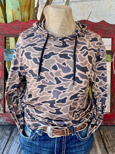 Men’s Burlebo Performance Hoodie Pullover in Gauge Camo, quick-drying and moisture-wicking fabric for active comfort, with UPF 50 sun protection for outdoor safety - PHGC. Available at Blair's Western Wear, Marble Falls, TX.