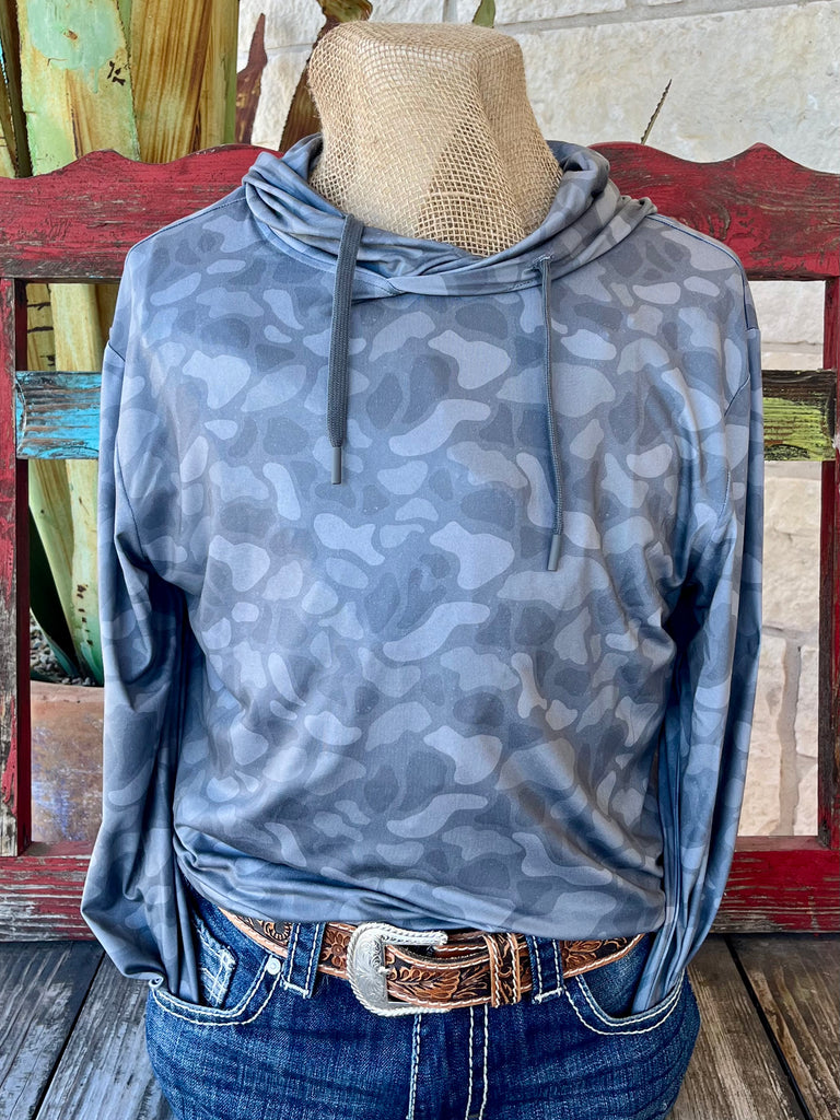Men's Burlebo Performance Hoodie in grey camo, breathable lightweight fabric with adjustable drawstring hood and moisture-wicking comfort - PHSTOC. Available at Blair's Western Wear, Marble Falls, TX.