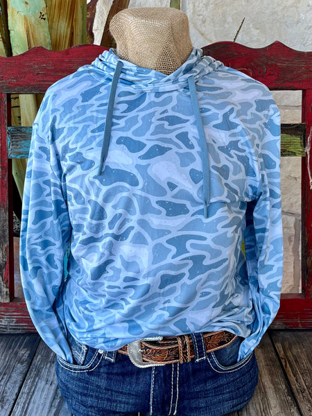 Men’s Burlebo Performance Hoodie Pullover in Seaside Camo, constructed from a lightweight blend of 91% polyester and 9% spandex for breathable comfort during outdoor activities, with quick-dry and moisture-wicking fabric to keep you dry and comfortable throughout the day - PHSC. Available at Blair's Western Wear, Marble Falls, TX.
