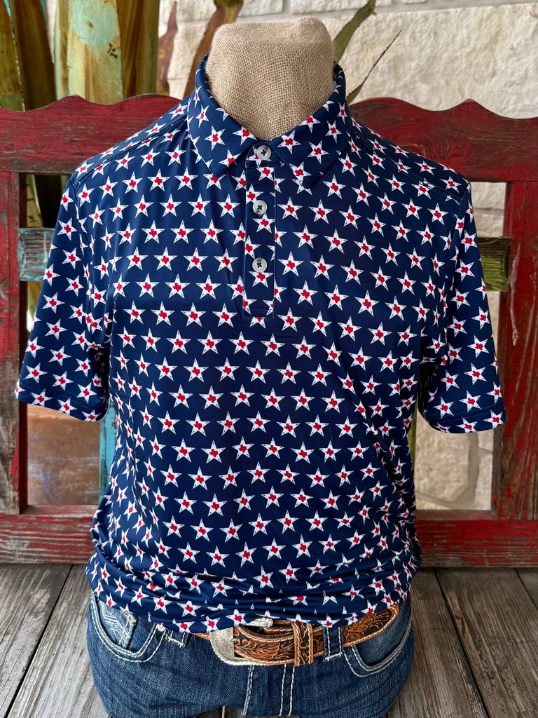 Men’s Burlebo polo short sleeve shirt in navy/red, lightweight moisture-wicking fabric for all-day comfort, with breathable stretch construction for easy movement - PPTXVIN. Available at Blair's Western Wear, Marble Falls, TX.