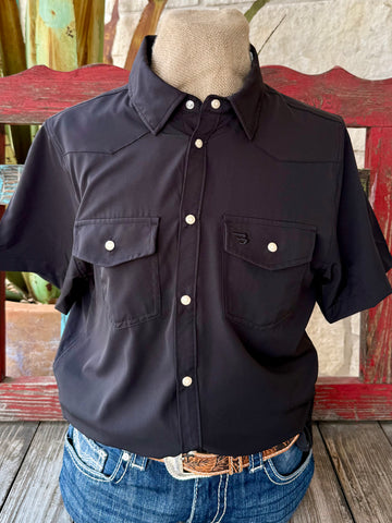 Men’s Burlebo Western Shirt Short Sleeve Button Down in Black, lightweight moisture-wicking fabric for all-day comfort, with dual snap chest pockets for functional storage - PWSBLK. Available at Blair's Western Wear, Marble Falls, TX.
