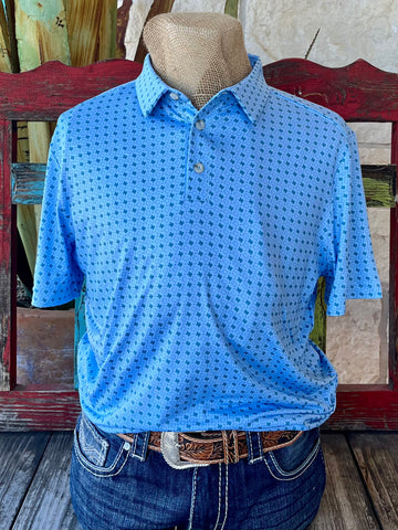 Men's Burlebo Western Wear Polo Shirt in light blue, featuring breathable fabric and elegant star designs - Code 0008PPTB. Available at Blair's Western Wear, Marble Falls, TX.