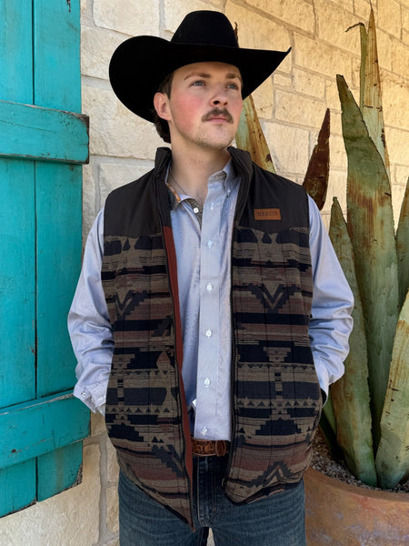 Men’s CINCH Aztec Print Vest in earth-tone pattern, built from insulated fabric for warmth, with full-zip front and side pockets – CR4064972. Available at Blair’s Western Wear, Marble Falls, TX.