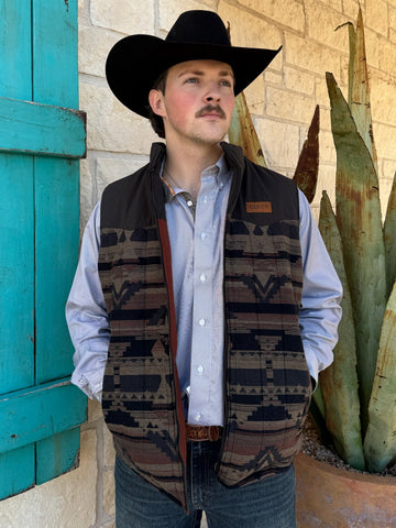 Men’s CINCH Aztec Print Vest in earth-tone pattern, built from insulated fabric for warmth, with full-zip front and side pockets – CR4064972. Available at Blair’s Western Wear, Marble Falls, TX.
