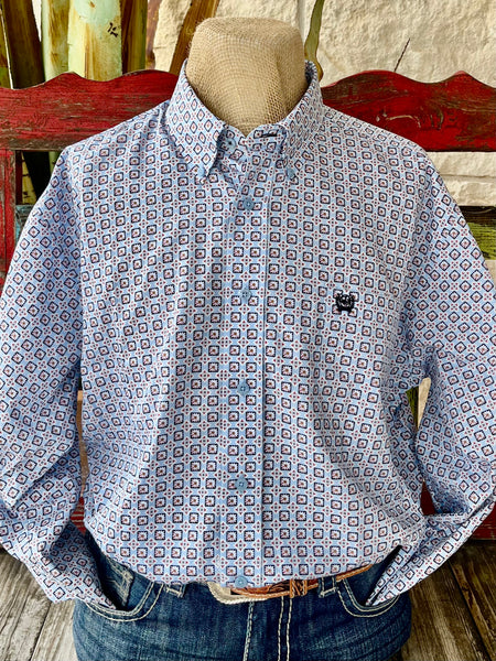 Men's CINCH Western Shirt Button-Down in Light Blue, crafted from breathable cotton for comfort, with a geometric floral print and chest logo embroidery – MTW1105948. Available at Blair's Western Wear, Marble Falls, TX.