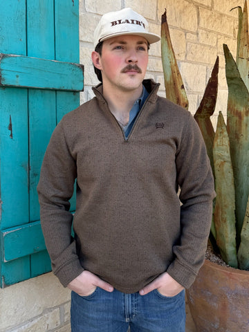Men’s CINCH knit ¼ zip pullover in brown, made from soft rib-knit fabric, with stand-up collar and metal-finish zipper - MWK1080017. Available at Blair’s Western Wear, Marble Falls, TX.