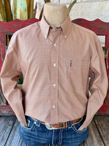 Men’s CINCH long sleeve button-down print shirt in coral and navy square pattern, made from breathable cotton plain weave, with tailored modern fit and chest pocket embroidery – MTW1347135. Available at Blair’s Western Wear, Marble Falls, TX.
