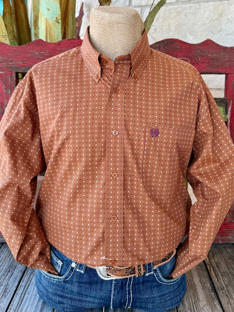 Men’s CINCH long sleeve button-down print shirt in rust with white and purple geometric pattern, featuring breathable cotton fabric and embroidered logo chest pocket – MTW1105978. Available at Blair’s Western Wear, Marble Falls, TX.