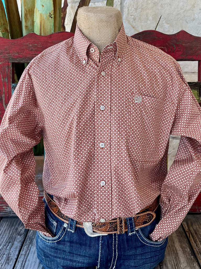 Men's CINCH Long Sleeve Button-Down Shirt in vibrant orange with geometric print, featuring cream contrast trim and an open left front pocket with embroidered logo - MTW1105845. Available at Blair's Western Wear, Marble Falls, TX.​