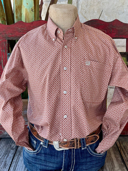 Men's CINCH Long Sleeve Button-Down Shirt in vibrant orange with geometric print, featuring cream contrast trim and an open left front pocket with embroidered logo - MTW1105845. Available at Blair's Western Wear, Marble Falls, TX.​