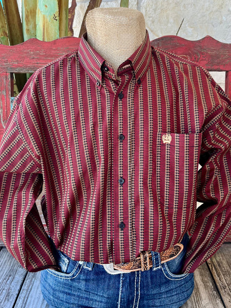 Men's CINCH Long Sleeve Button-Down Shirt in red with shotgun shell print, featuring a classic fit design and durable cotton plain weave fabric - MTW1105842. Available at Blair's Western Wear, Marble Falls, TX.​