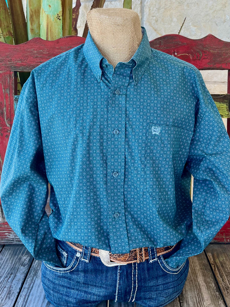 Men's CINCH Long Sleeve Button-Down Shirt in Teal & Sky Blue Geometric Print, featuring contrast trim detailing and an embroidered CINCH logo – MTW1105890. Available at Blair's Western Wear, Marble Falls, TX.