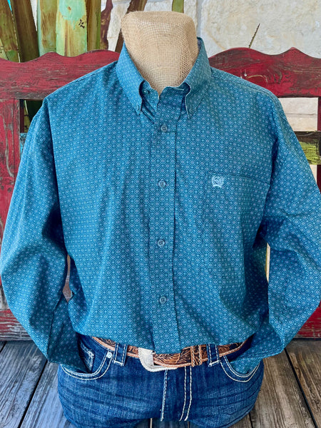 Men's CINCH Long Sleeve Button-Down Shirt in Teal & Sky Blue Geometric Print, featuring contrast trim detailing and an embroidered CINCH logo – MTW1105890. Available at Blair's Western Wear, Marble Falls, TX.