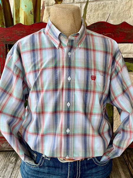 Men’s CINCH Plaid Long Sleeve Button-Down Shirt in Mint/Red/Navy, lightweight cotton for breathable comfort, with embroidered logo chest pocket for added style – MTW1105934. Available at Blair's Western Wear, Marble Falls, TX.