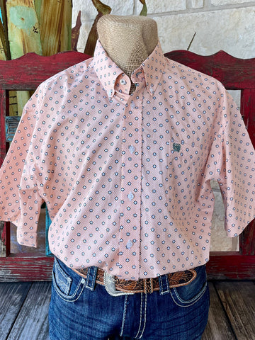 Men's CINCH Short Sleeve Button-Down Shirt in Pink, lightweight cotton fabric keeps you cool, with eye-catching geometric print and logo chest pocket - MTW1111473. Available at Blair's Western Wear, Marble Falls, TX.