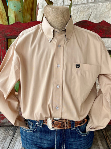 Men's CINCH Western Shirt in gold/natural, crafted from a comfortable cotton-spandex blend, featuring a micro stripe print and classic button-down design with navy contrast trim - MTW1105853. Available at Blair's Western Wear, Marble Falls, TX.