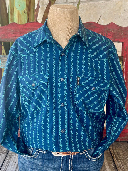Men’s CINCH Western Shirt in Navy/Turquoise Print, made with breathable cotton for all-day comfort, with pearl snap buttons and dual front flap pockets for secure functionality – MTW1303089. Available at Blair's Western Wear, Marble Falls, TX.