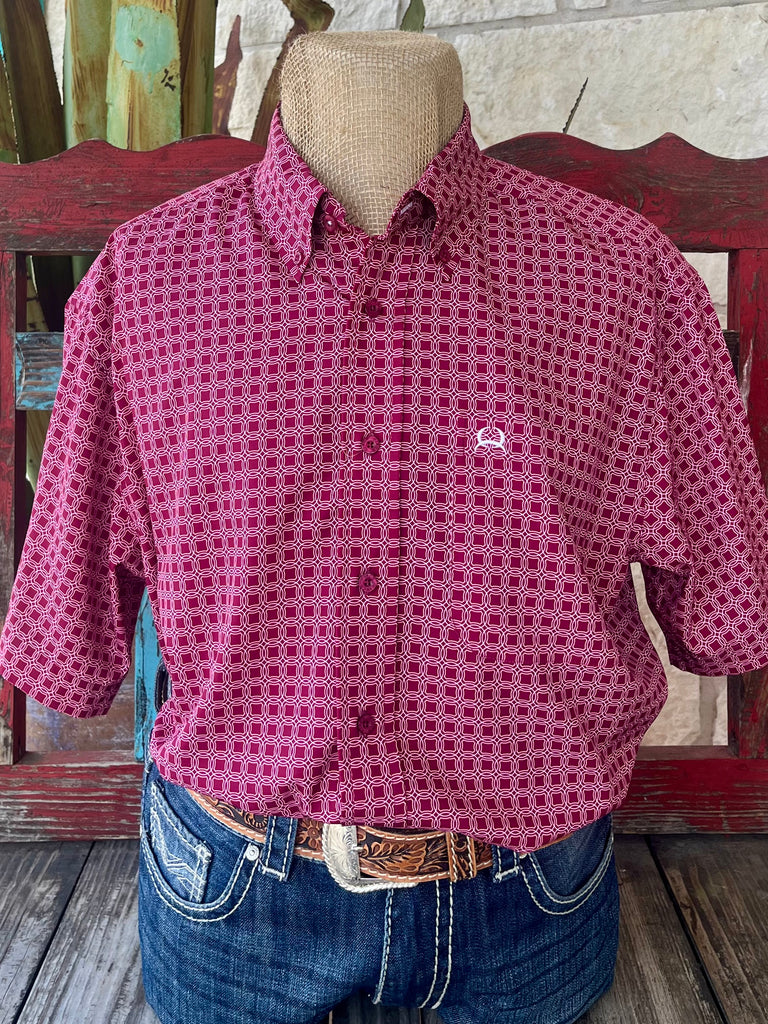 Men’s CINCH Western short sleeve button-down shirt in raspberry print, features a lightweight geometric pattern with breathable comfort and embroidered CINCH logo - MTW1704151. Available at Blair's Western Wear, Marble Falls, TX.