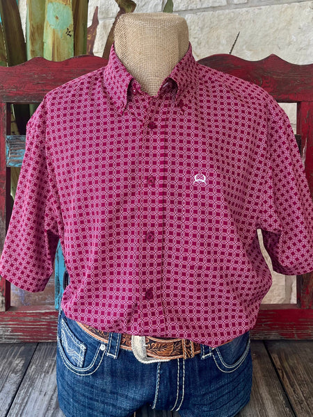 Men’s CINCH Western short sleeve button-down shirt in raspberry print, features a lightweight geometric pattern with breathable comfort and embroidered CINCH logo - MTW1704151. Available at Blair's Western Wear, Marble Falls, TX.