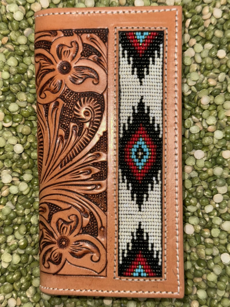 Men's Roper Checkbook Wallet in tan tooled leather with colorful beadwork, multiple card slots, slim design with durable stitching – 18RSW80R. Available at Blair's Western Wear, Marble Falls, TX.