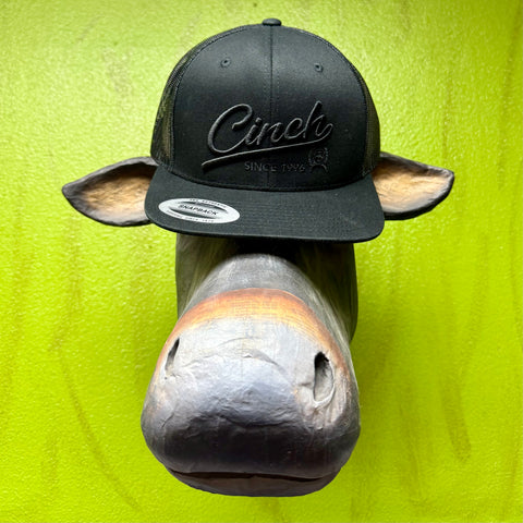 Men’s Cinch black snapback cap with structured six-panel design and embroidered logo, breathable mesh back, and adjustable snap closure – MCC0760003. Available at Blair’s Western Wear, Marble Falls, TX.