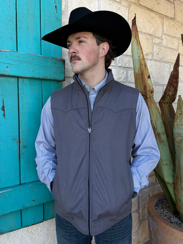 Men’s Cinch bonded concealed carry vest in heather gray, featuring dual concealed carry pockets with Velcro holsters and a wind- and water-resistant bonded shell – MWV1592005. Available at Blair’s Western Wear, Marble Falls, TX.