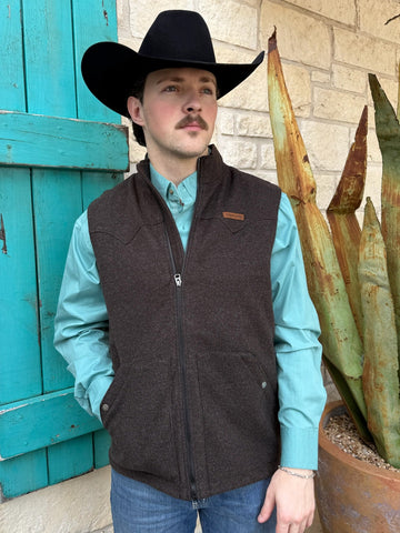 Men’s Cinch brown full-zip vest, featuring a western pointed yoke and snap-closure hand pockets – MWV1934003. Available at Blair's Western Wear, Marble Falls, TX.