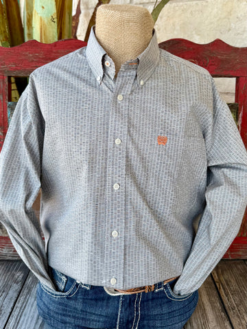 Men’s Cinch button-down western shirt in gray/orange geometric print, made from breathable cotton with a Classic Fit for comfort, featuring an embroidered chest logo and button-down collar – MTW1105961. Available at Blair’s Western Wear, Marble Falls, TX.