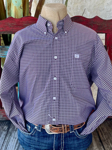 Men's Cinch Western Shirt Button-Down in Purple/White, made from breathable cotton for all-day comfort, with a geometric print and embroidered logo detail - MTW1105919. Available at Blair's Western Wear, Marble Falls, TX.