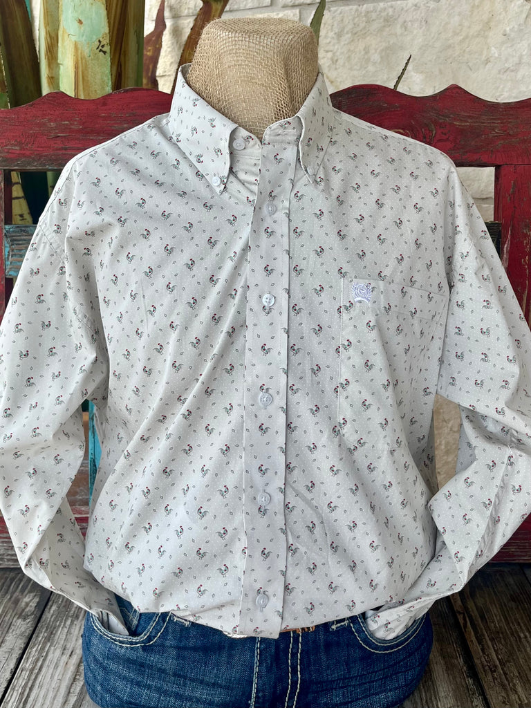 Men’s Cinch Western Shirt Button-Down in Tan with Rooster Print, made from lightweight breathable cotton, with embroidered chest pocket and sharp button-down collar - MTW1105933. Available at Blair's Western Wear, Marble Falls, TX.