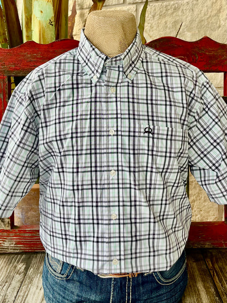 Men’s Cinch button-down short sleeve plaid shirt in white/black/green, made from breathable cotton for comfort, with embroidered Cinch logo chest pocket for functional Western style - MTW1704160. Available at Blair's Western Wear, Marble Falls, TX.