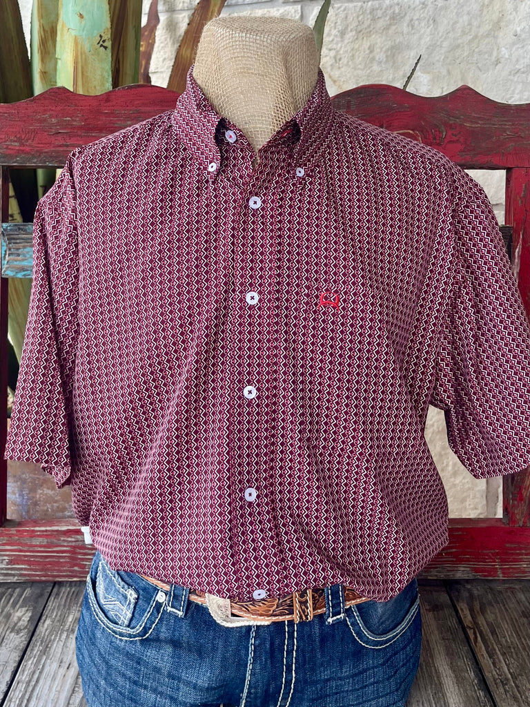 Men's Cinch button-down short sleeve printed shirt in wine/white, lightweight cotton for comfort, with bold geometric print and embroidered logo chest pocket – MTW1704157. Available at Blair's Western Wear, Marble Falls, TX.