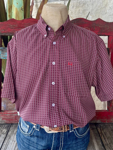 Men's Cinch button-down short sleeve printed shirt in wine/white, lightweight cotton for comfort, with bold geometric print and embroidered logo chest pocket – MTW1704157. Available at Blair's Western Wear, Marble Falls, TX.