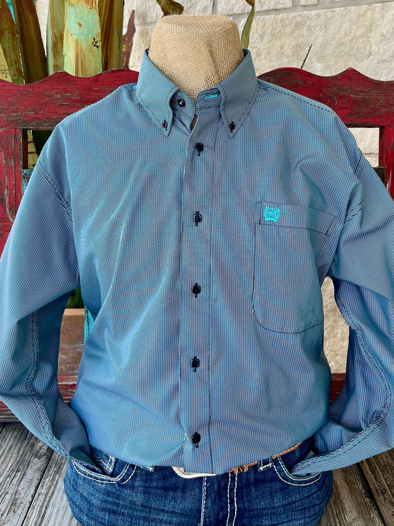 Men’s Cinch Western Shirt in Navy/Turquoise/White Stripe, lightweight cotton blend for all-day comfort, with chest pocket and embroidered logo detail - MTW1105908. Available at Blair's Western Wear, Marble Falls, TX.