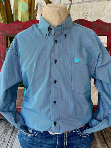 Men’s Cinch Western Shirt in Navy/Turquoise/White Stripe, lightweight cotton blend for all-day comfort, with chest pocket and embroidered logo detail - MTW1105908. Available at Blair's Western Wear, Marble Falls, TX.