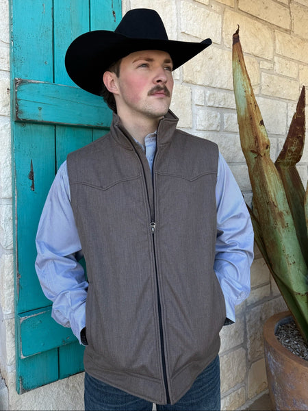 Men’s Cinch concealed carry bonded vest in heather brown, with weather-resistant shell and dual concealed carry pockets – MWV1592004. Available at Blair’s Western Wear, Marble Falls, TX.