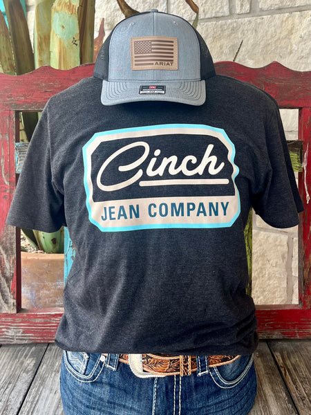 Men's Cinch Graphic T-Shirt in Charcoal/Tan/Turquoise, soft cotton-blend fabric for breathable comfort, with a bold screen-printed “Cinch Jean Company” logo that resists fading - MTT1690667. Available at Blair's Western Wear, Marble Falls, TX.