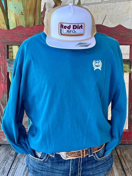 Men's Cinch Graphic Tee Long Sleeve T-Shirt in Blue, crafted from soft breathable cotton for all-day comfort, with a bold "Cinch Cattleman's Saloon" graphic on the back - MTK1721018. Available at Blair's Western Wear, Marble Falls, TX.