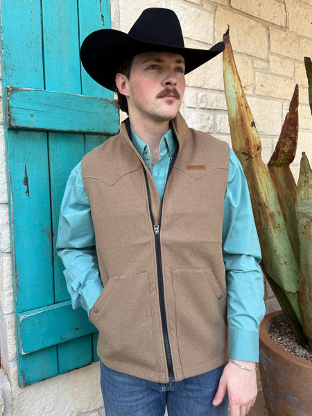 Men’s Cinch khaki vest in wool-blend fabric, full-zip front with stand-up collar, snap-closure hand pockets, leather logo patch on chest – MWV1934002. Available at Blair’s Western Wear, Marble Falls, TX.