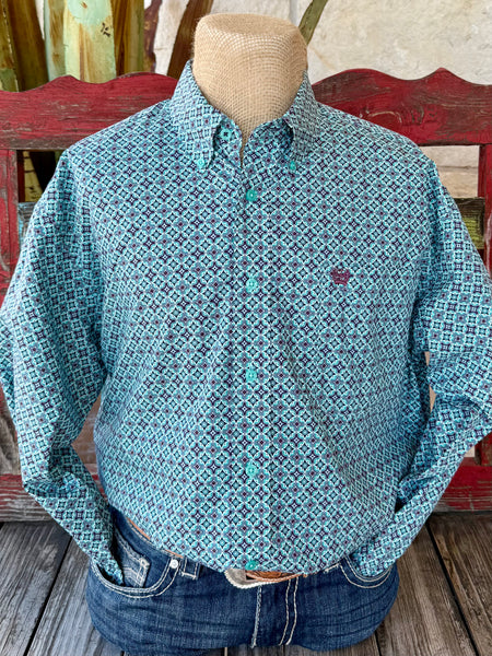 Men’s Cinch long-sleeve button-down print shirt in turquoise and purple, made from breathable cotton with a Classic Fit, and featuring a logo chest pocket – MTW1105971. Available at Blair’s Western Wear, Marble Falls, TX.