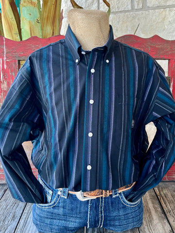 Men's Cinch Long Sleeve Button-On-Point Stripe Shirt in black with dynamic stripe design, contrast denim trim, and single chest pocket - MTW1242005. Available at Blair's Western Wear, Marble Falls, TX.