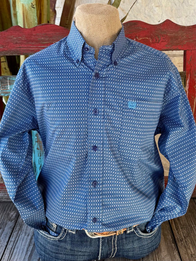Men’s Cinch long sleeve button-down print shirt in blue, breathable cotton blend for all-day comfort, with button-down collar that maintains a polished fit - MTW1106011. Available at Blair's Western Wear, Marble Falls, TX.