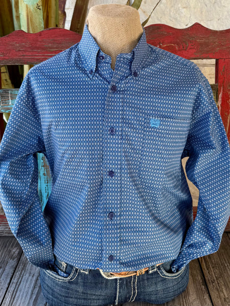 Men’s Cinch long sleeve button-down print shirt in blue, breathable cotton blend for all-day comfort, with button-down collar that maintains a polished fit - MTW1106011. Available at Blair's Western Wear, Marble Falls, TX.