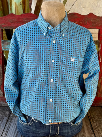 Men’s Cinch long sleeve button-down shirt in blue, breathable cotton fabric for all-day comfort, with an allover geometric print and button-down collar - MTW1106008. Available at Blair's Western Wear, Marble Falls, TX.