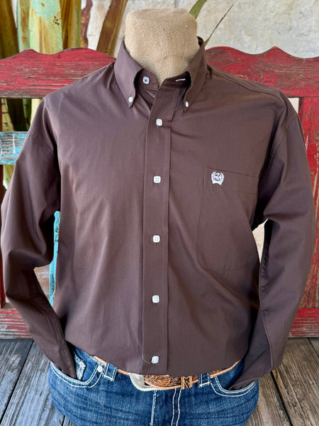 Men’s Cinch long sleeve button-down solid shirt in brown, smooth cotton-blend fabric for all-day comfort, with classic button-down collar and embroidered chest logo - MTW1104236. Available at Blair's Western Wear, Marble Falls, TX.