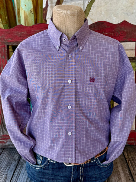 Men’s Cinch long-sleeve button-down check shirt in purple, made from breathable cotton plain weave, with embroidered chest pocket and relaxed fit – MTW1105976. Available at Blair’s Western Wear, Marble Falls, TX.