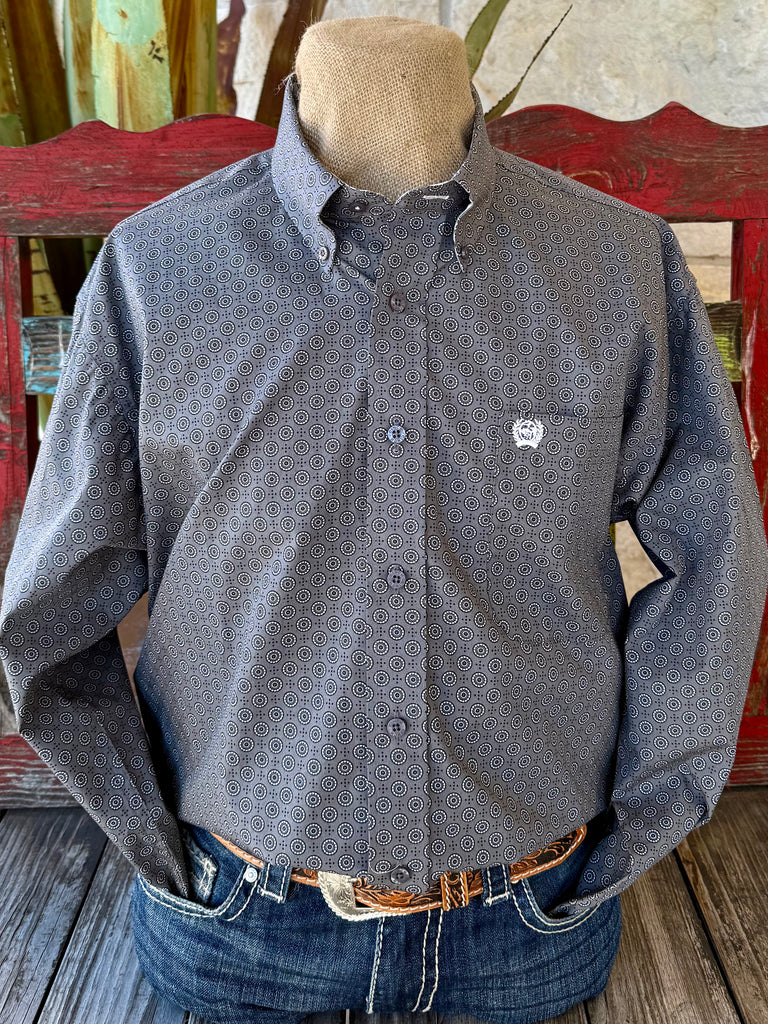Men’s Cinch long sleeve button-down circle print shirt in gray, breathable cotton blend for all-day comfort, with a tailored fit for easy movement - MTW1105987. Available at Blair's Western Wear, Marble Falls, TX.