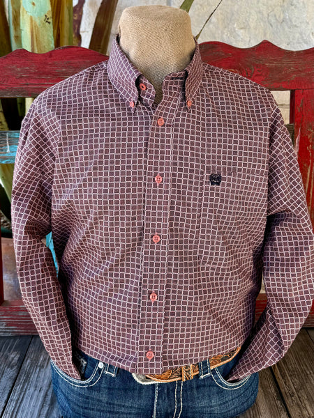 Men’s Cinch long sleeve button-down print shirt in pink and black, breathable woven cotton for all-day comfort, with a tailored fit and classic button-down collar - MTW1106016. Available at Blair's Western Wear, Marble Falls, TX.