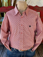 Men’s Cinch long sleeve button-down print shirt in pink, breathable woven cotton for all-day comfort, with geometric print styling and embroidered chest logo - MTW1106014. Available at Blair's Western Wear, Marble Falls, TX.